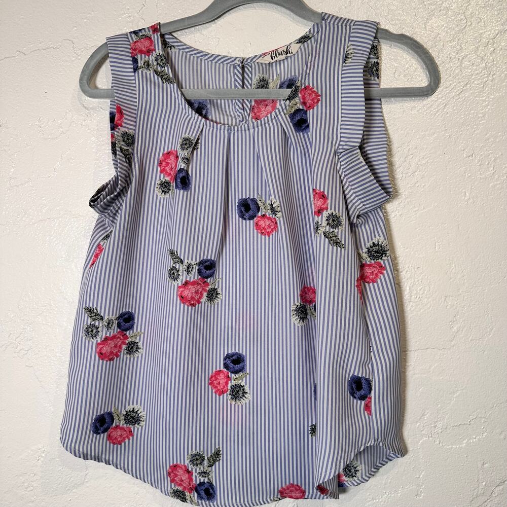 Hint of Blush Size Extra Small Sleeveless Blouse Floral Stripe Cottage Coastal